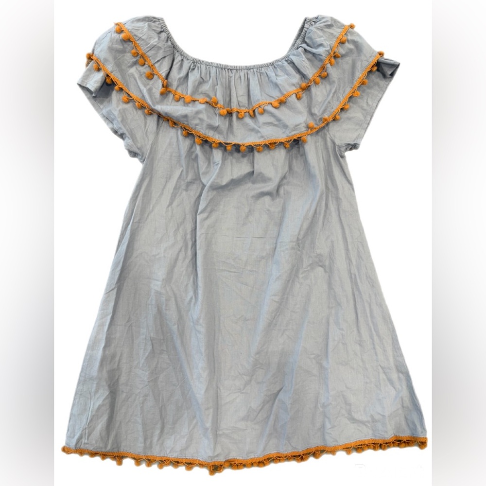 Gray Dress with Orange Pom-Pom Trim